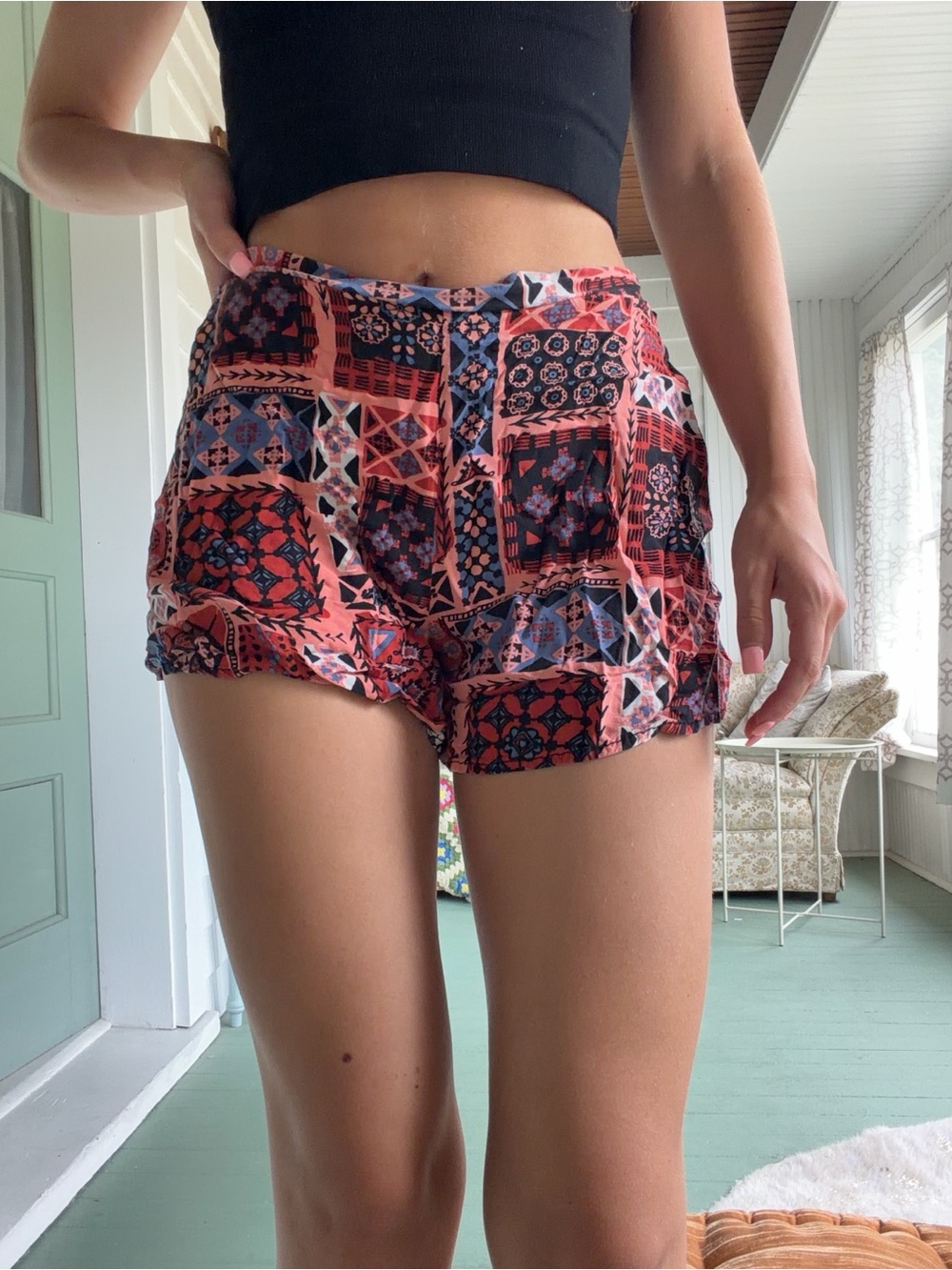 Mudd Coral and Navy Patchwork Print Athletic Shorts